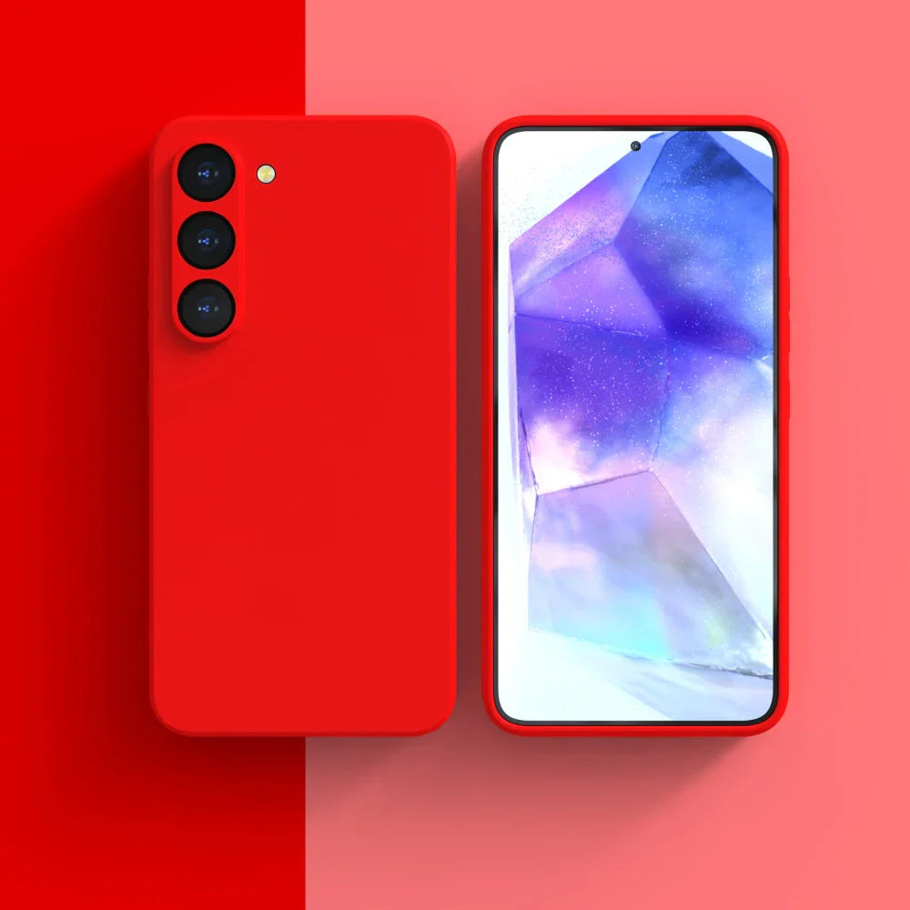 Red smartphone with a triple camera setup and a vibrant display showing abstract purple patterns.