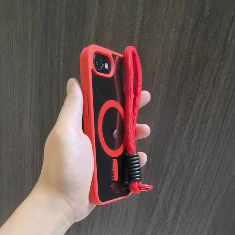 Red-trimmed phone case with wrist strap.