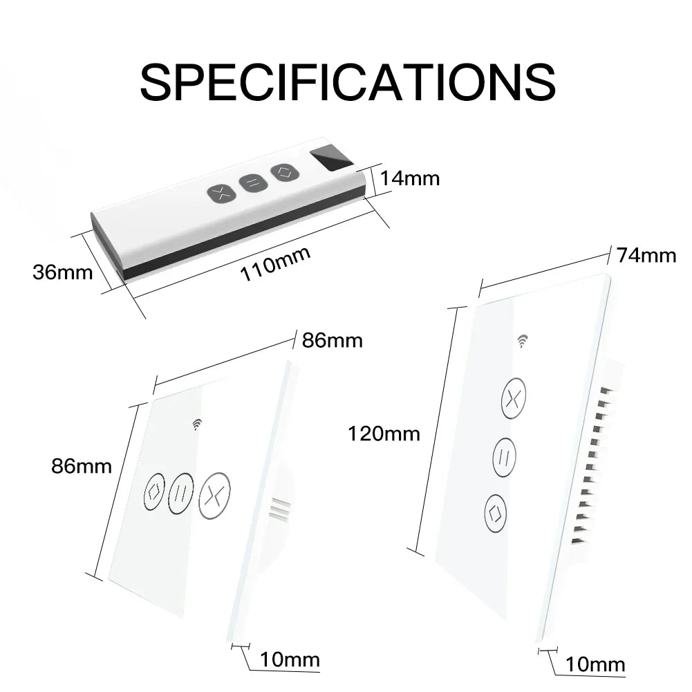 Remote control and two touch-sensitive light switches with dimensions.