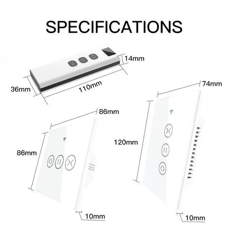 Remote control and two touch-sensitive light switches with dimensions.