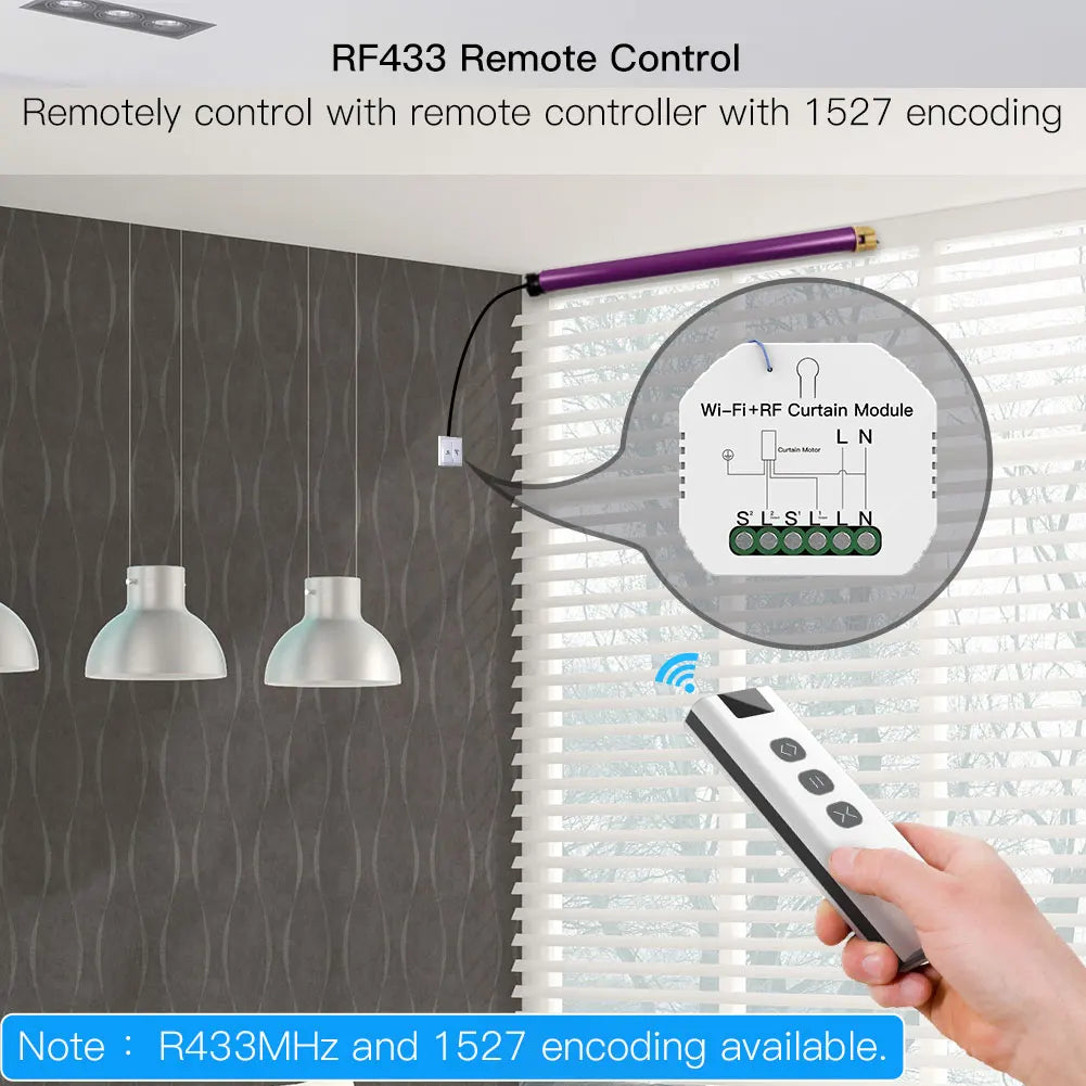 Remote-controlled curtain system.