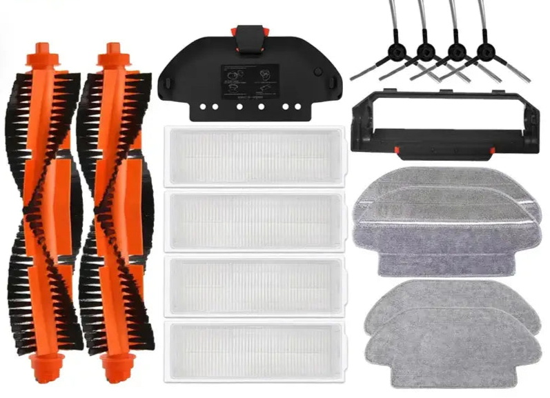 Replacement parts and accessories for a robotic vacuum cleaner.