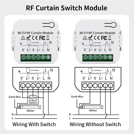 RF curtain switch module wiring diagrams.
