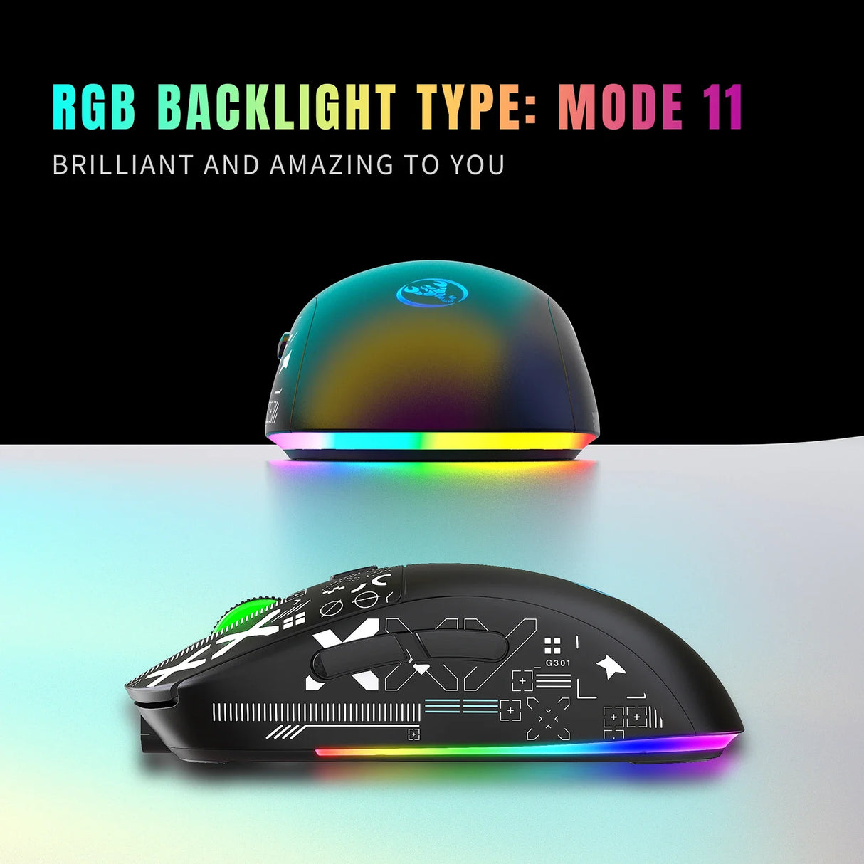 RGB gaming mouse with a translucent dome-shaped cover displaying colorful lighting effects.
