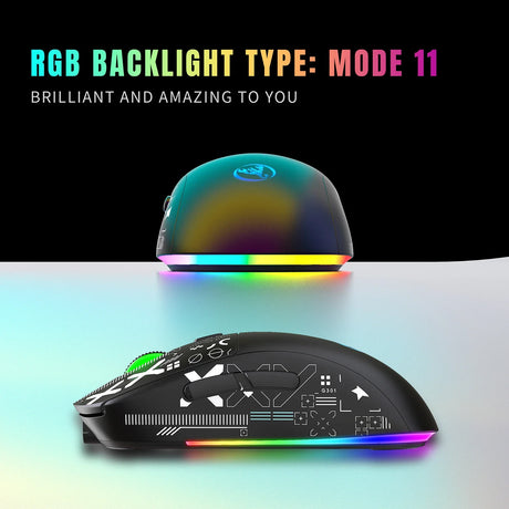 RGB gaming mouse with a translucent dome-shaped cover displaying colorful lighting effects.