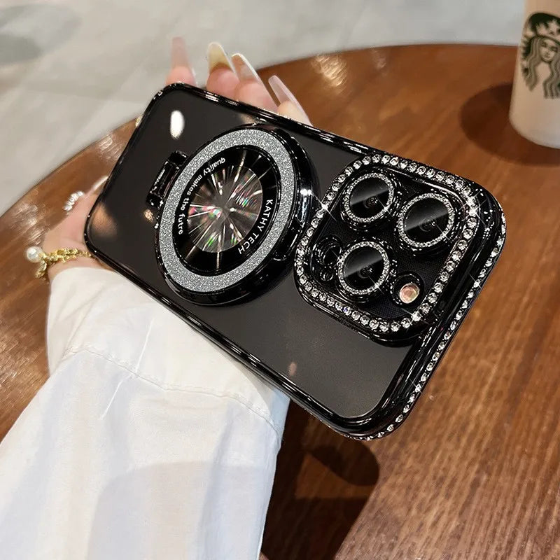 Rhinestone-studded black phone case.