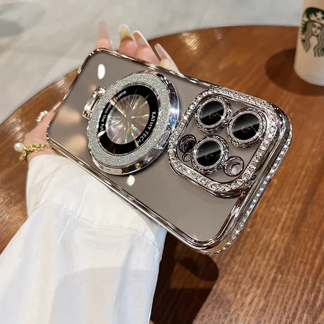 Rhinestone-studded phone case.