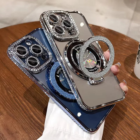 Rhinestone-studded phone cases with ring stands.