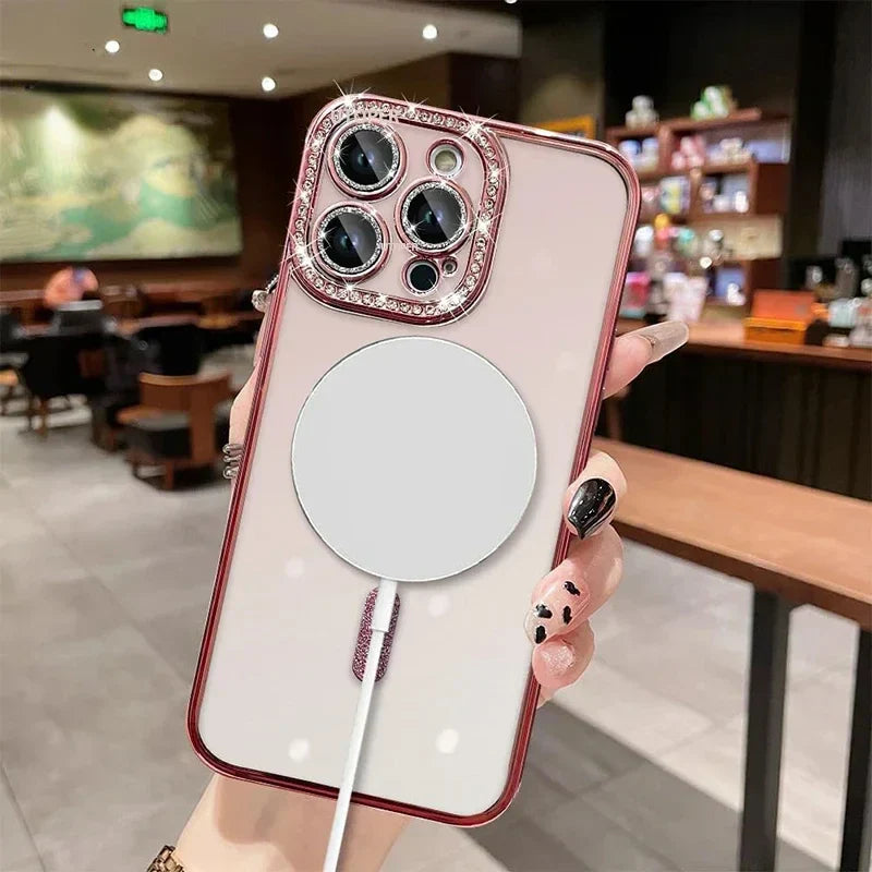 Rhinestone-trimmed phone case with MagSafe charger.