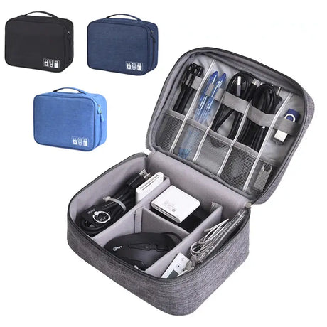 a gray and blue case with a camera and other items inside