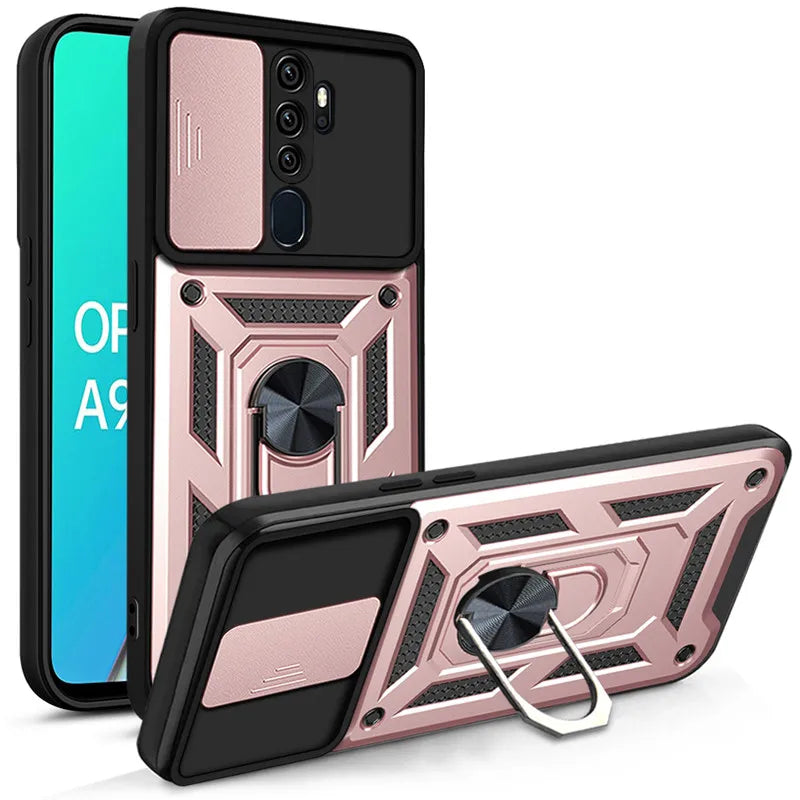 Rose gold and black shockproof armor case for oppo with built-in magnetic ring stand and camera slide shown from back side