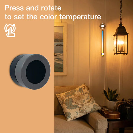 Round, gray, wall-mounted control device.