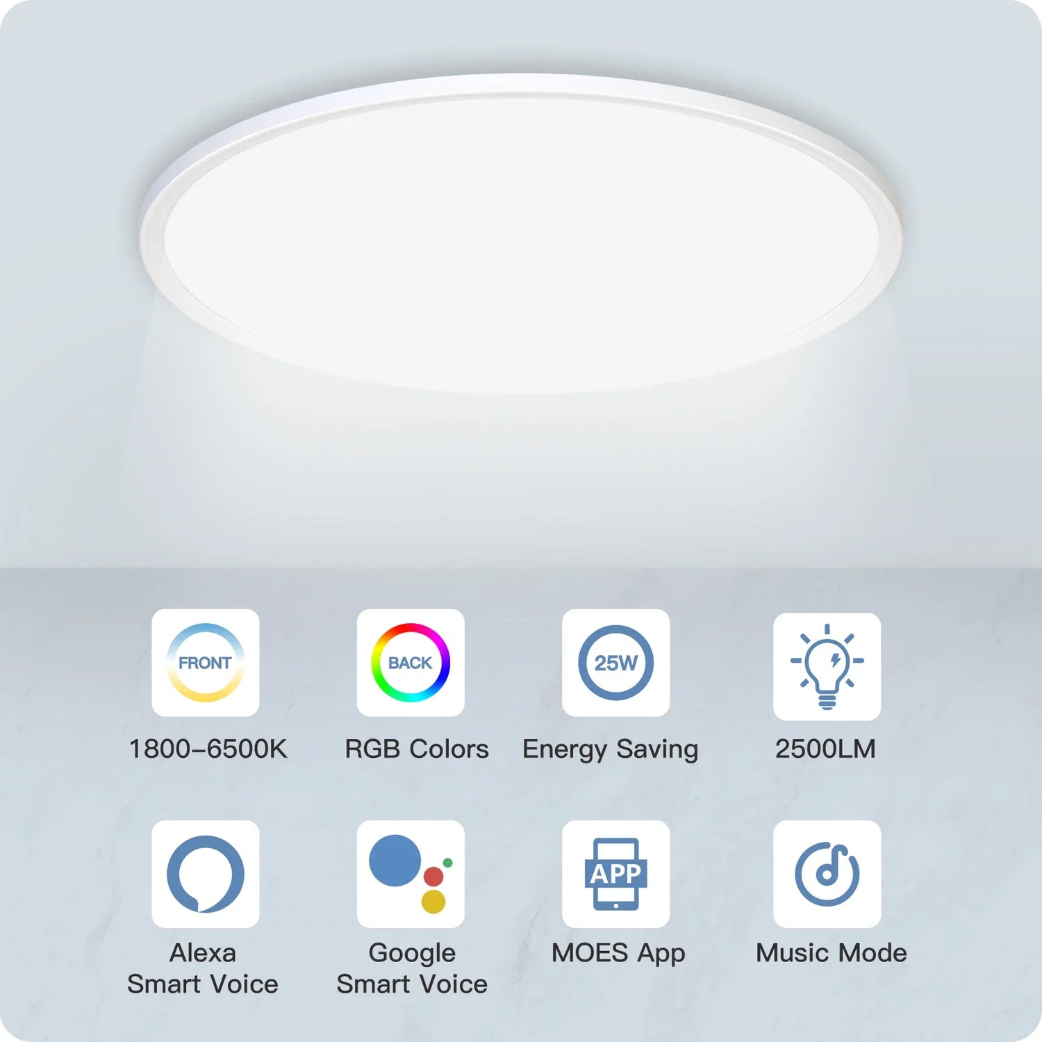 Round LED ceiling light with smart features.