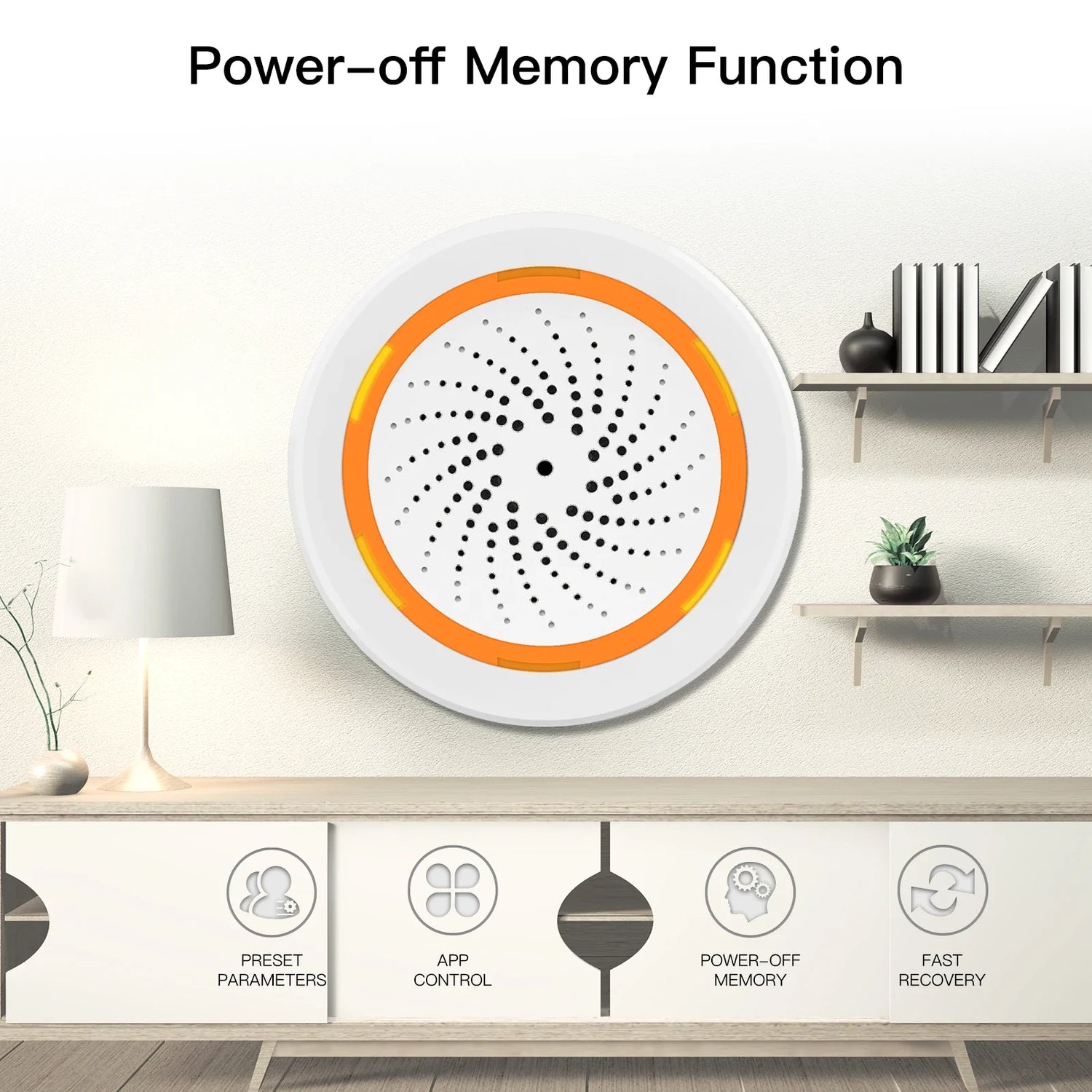 Round white device with orange ring and speaker holes.