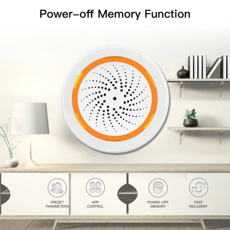 Round white device with orange ring and speaker holes.