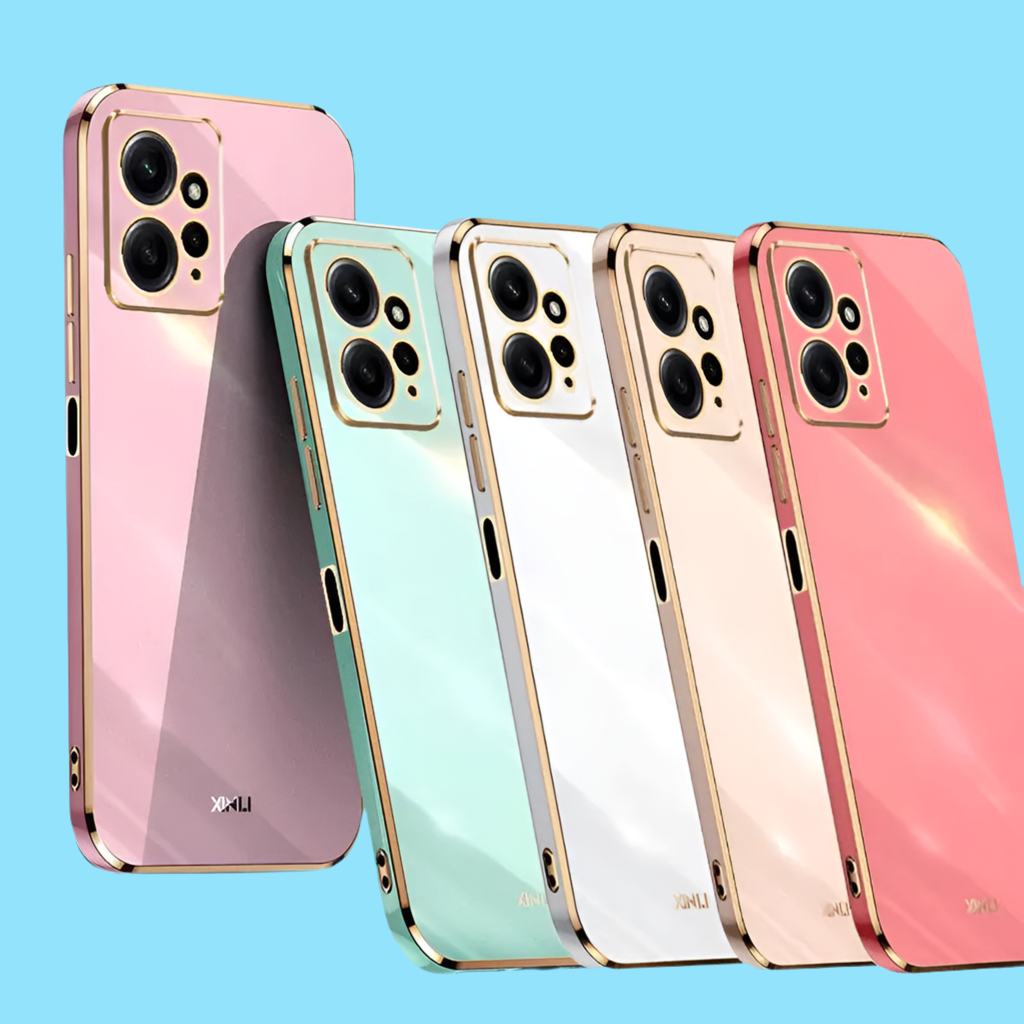 Row of colorful smartphone cases in pastel shades.