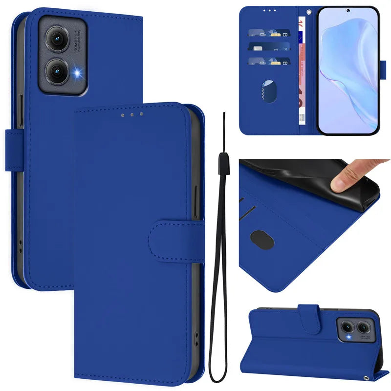 A royal blue faux leather wallet phone case with card slots and a wrist strap.