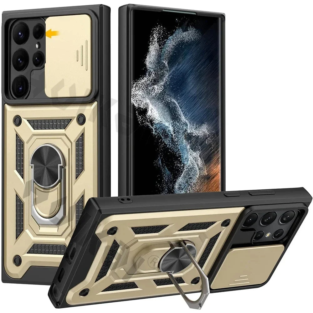 Rugged protective case for a smartphone with a built-in ring holder and kickstand.