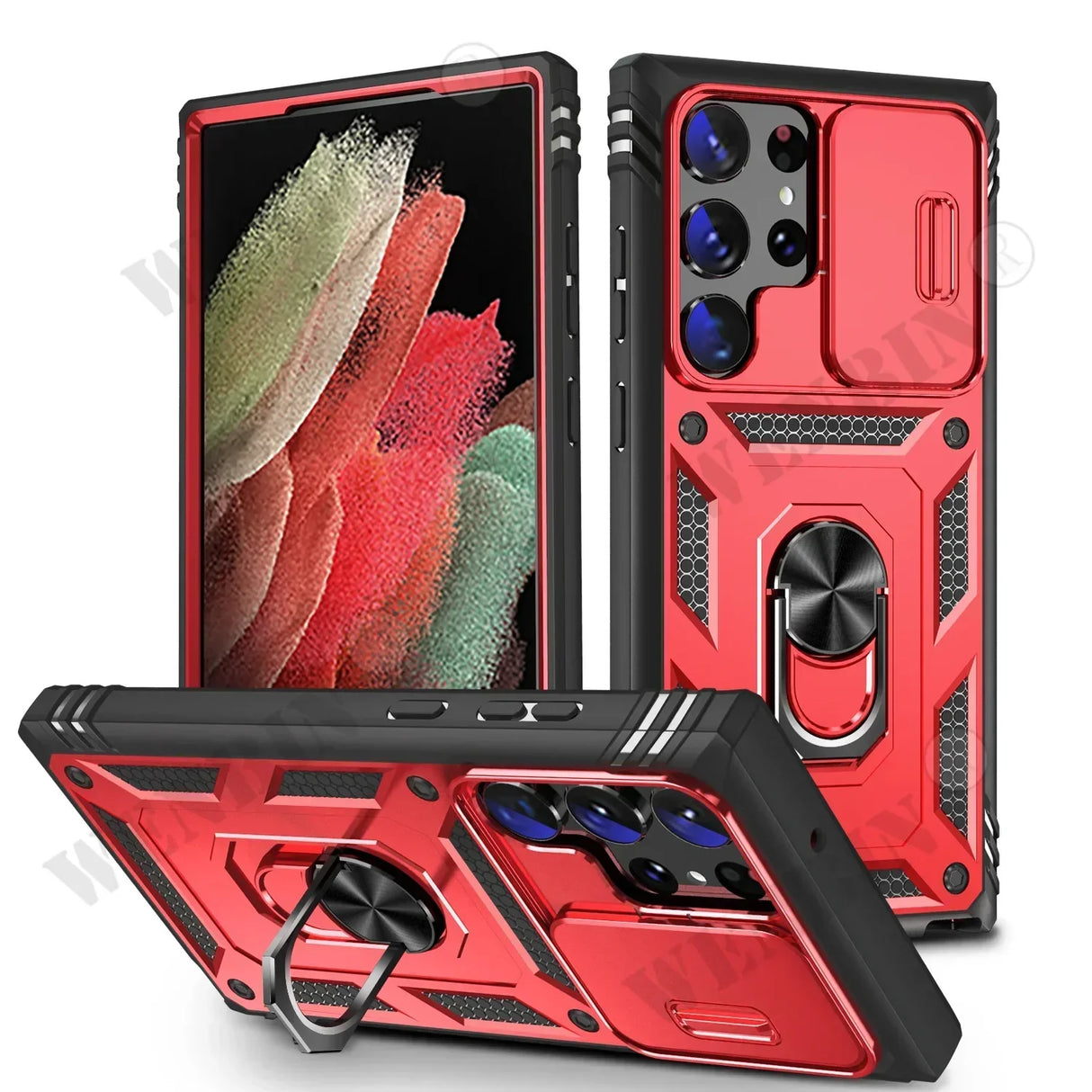 Rugged red and black protective case for a smartphone with multiple camera lenses and a ring stand.