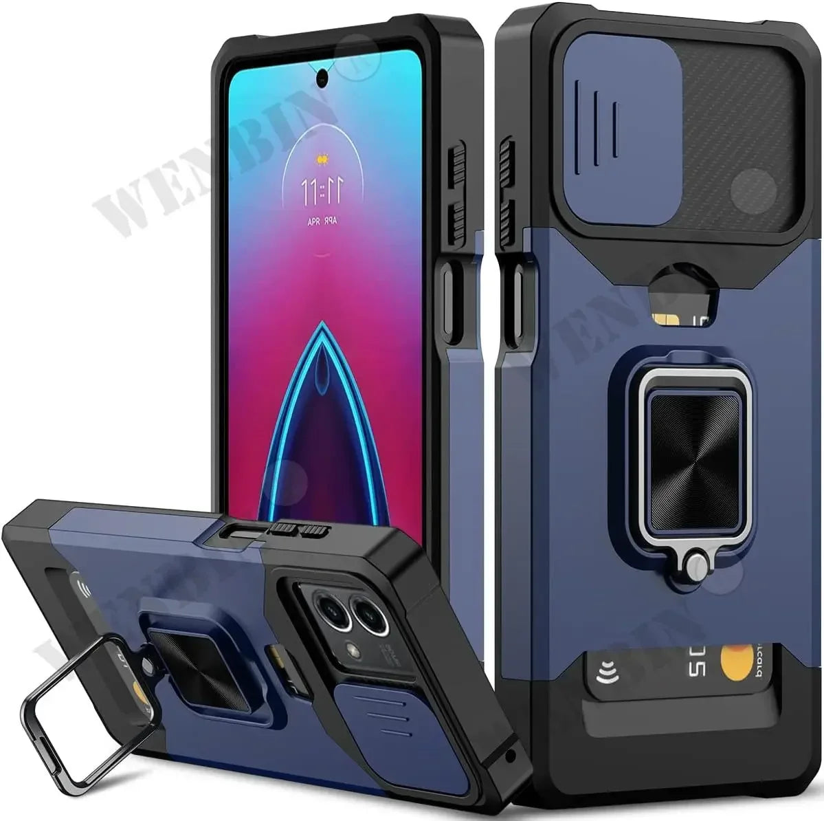 Rugged smartphone case with built-in ring holder and camera lens protection.