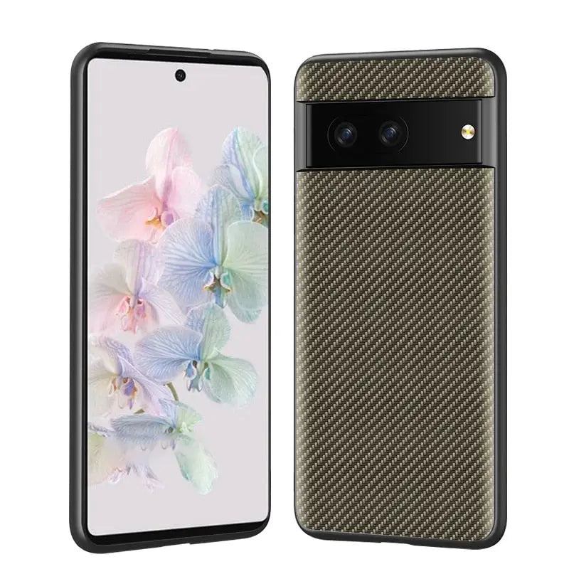 a close up of a samsung note9 with a carbon fiber case