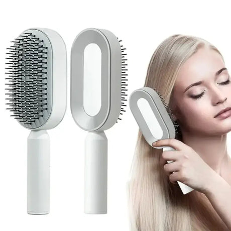a woman holding a brush and comb