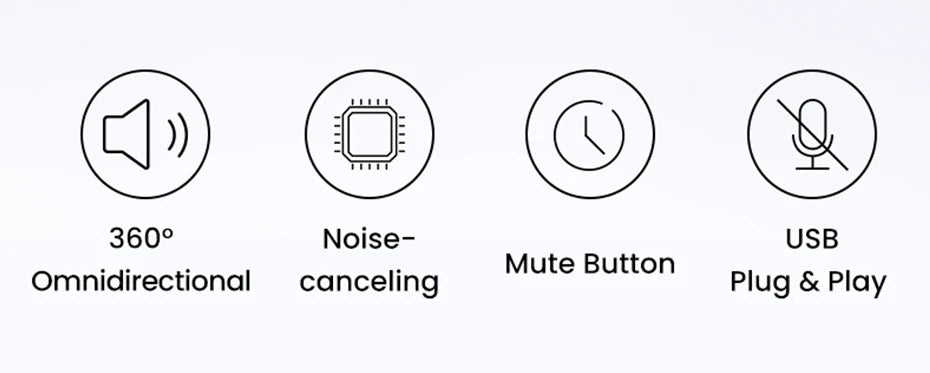 Set of four circular icons representing audio and connectivity features.