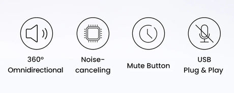 Set of four circular icons representing audio and connectivity features.