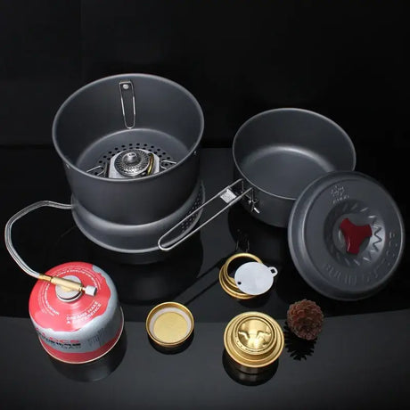 a set of three pots and a pot with a lid