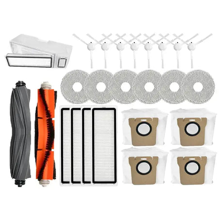 A set of white and orange kitchen accessories