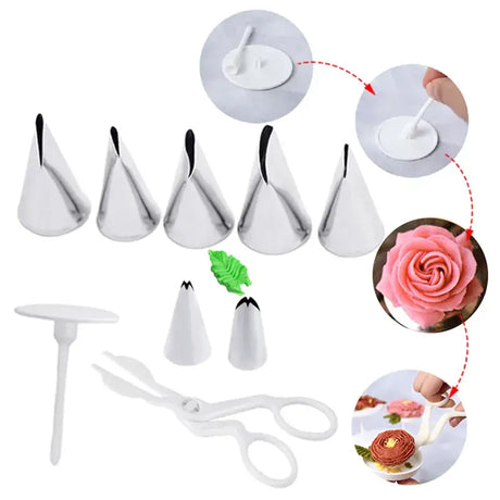 a set of white plastic flower cutters and a rose