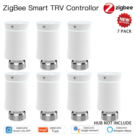 Seven white ZigBee smart TRV controllers.