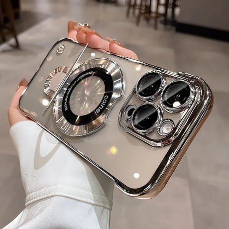 Shiny silver phone case.