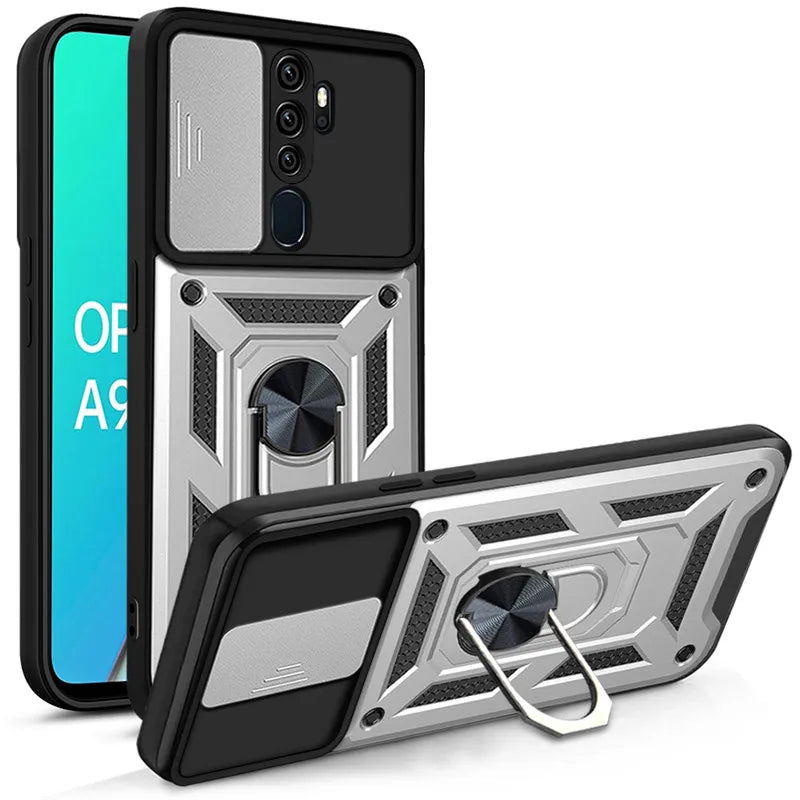 Silver and black shockproof armor case for oppo with magnetic ring stand and built-in camera slide on the back side