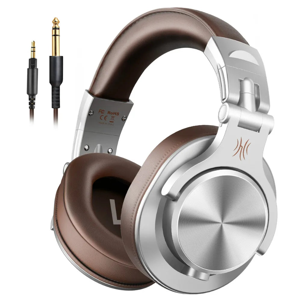 Silver and brown over-ear headphones with audio cables.
