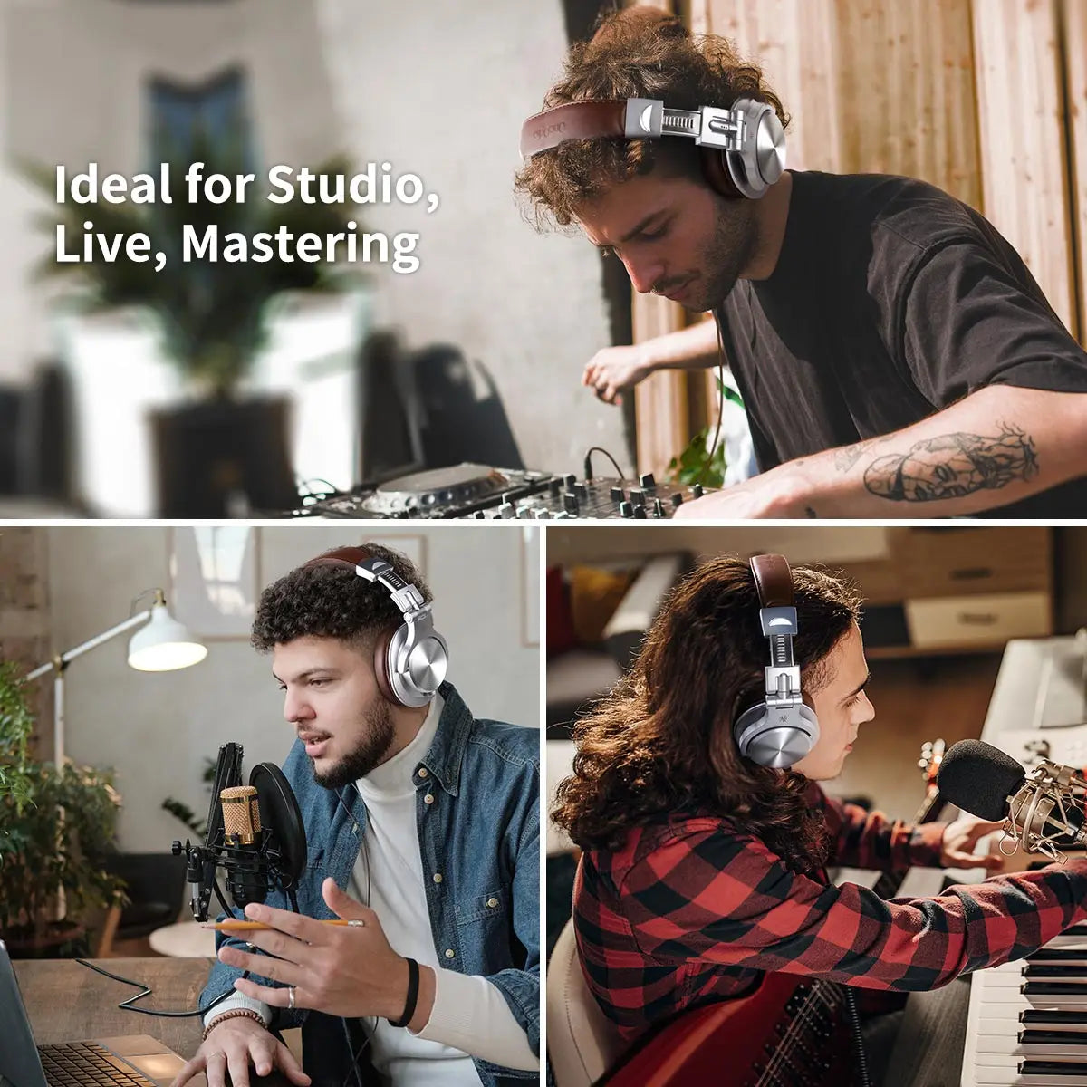 Silver and brown studio headphones.