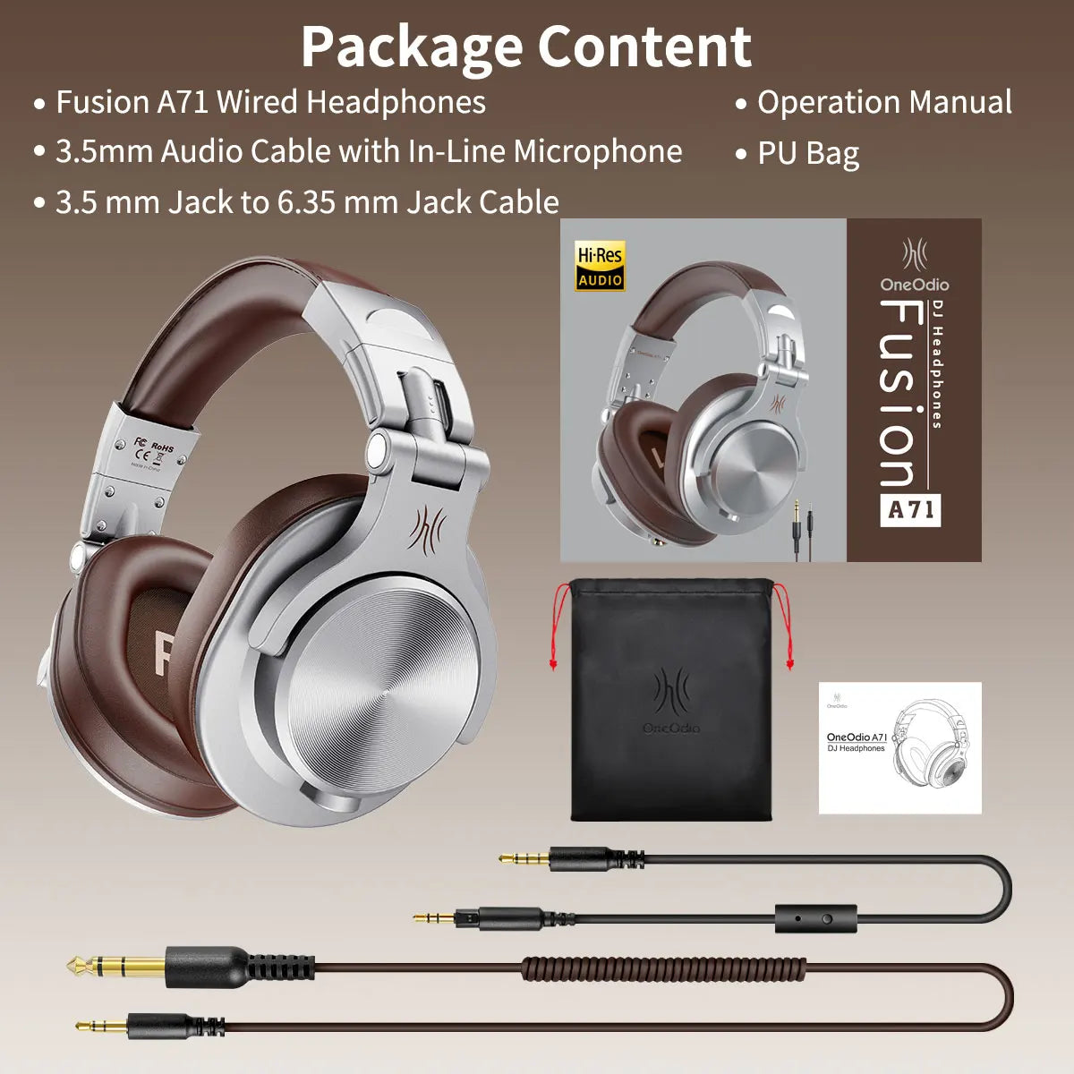 Silver and brown wired headphones with accessories.