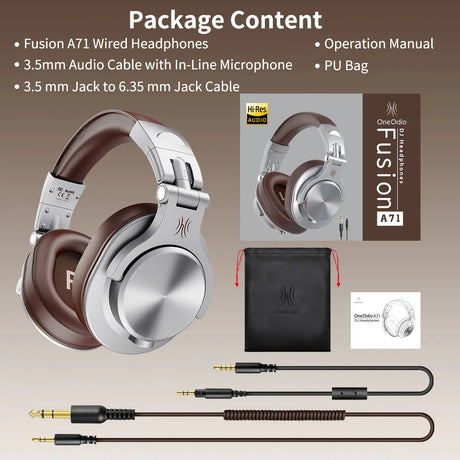 Silver and brown wired headphones with accessories.