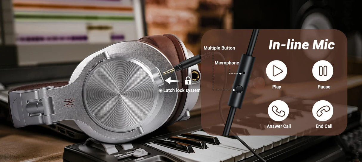 Silver headphones with in-line microphone.