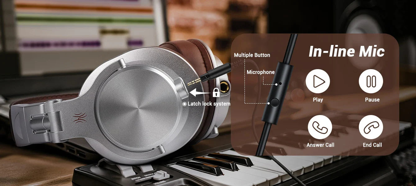 Silver headphones with in-line microphone.