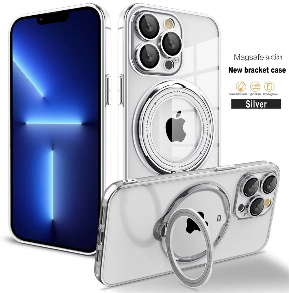 Silver iPhone cases with magnetic ring stands.