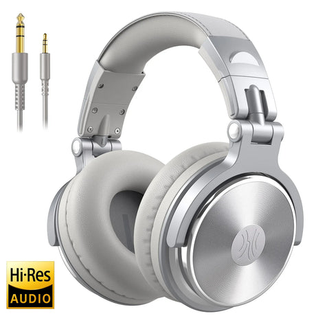 Silver over-ear headphones with audio cables.