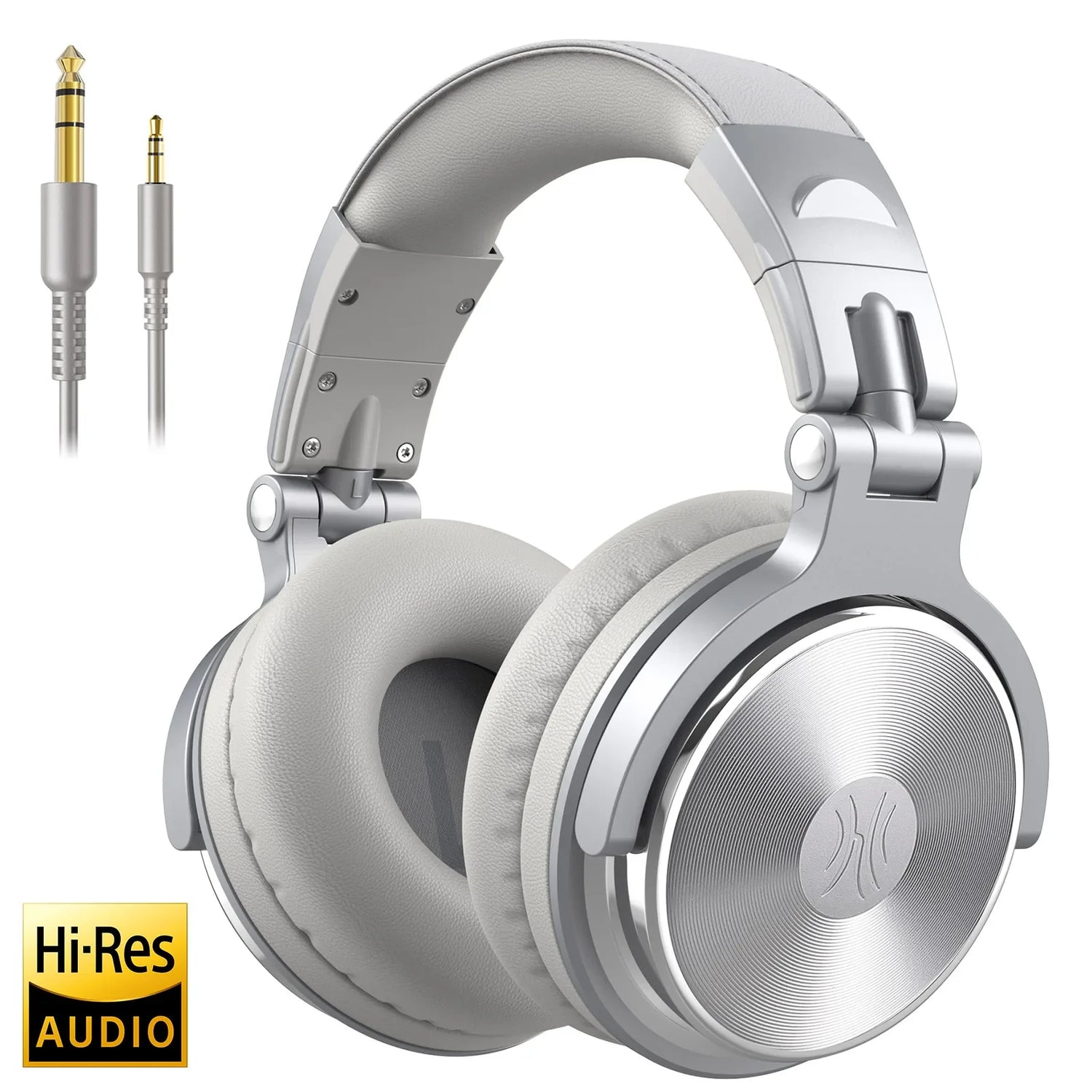 Silver over-ear headphones with a detachable audio cable.