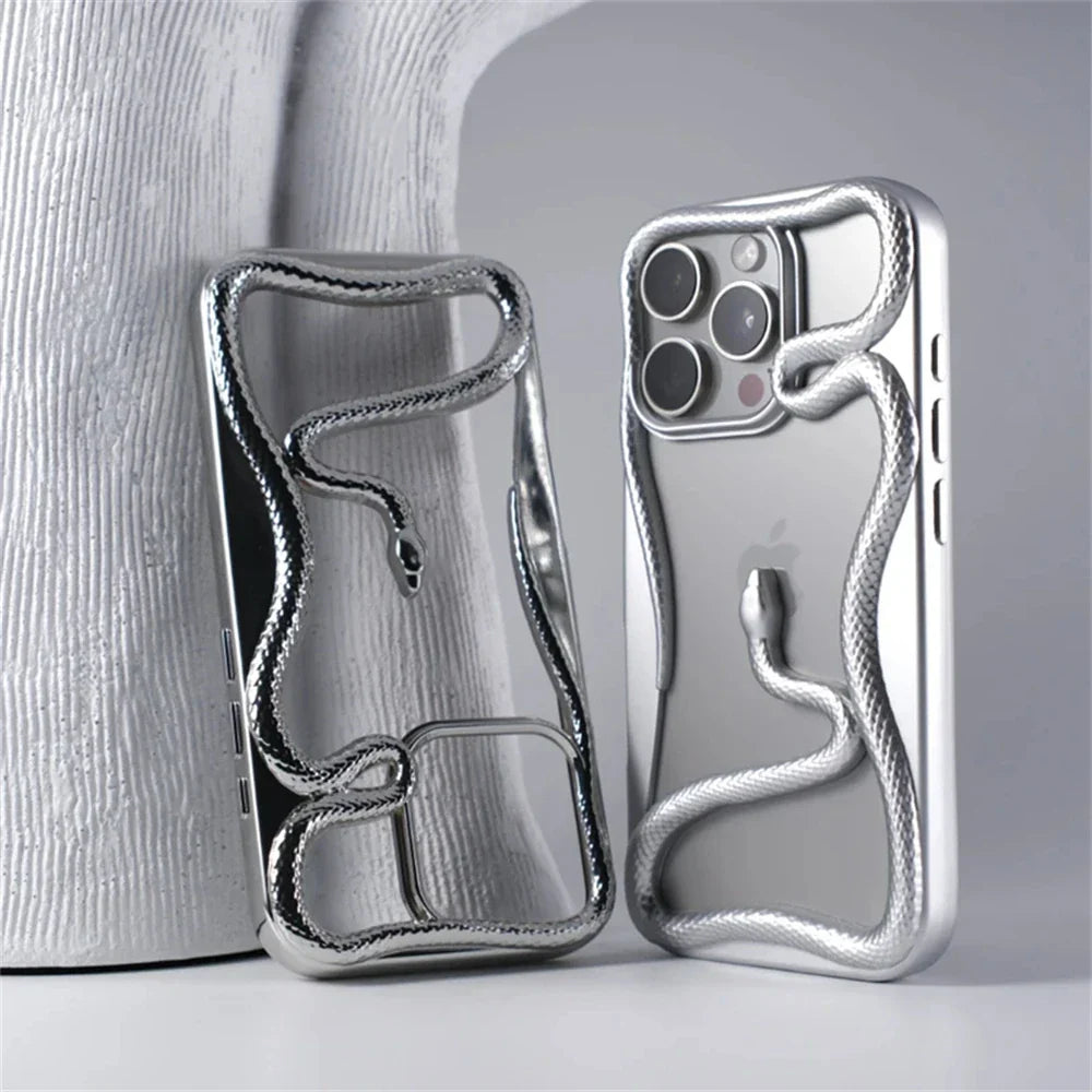 Silver snake-themed phone cases.