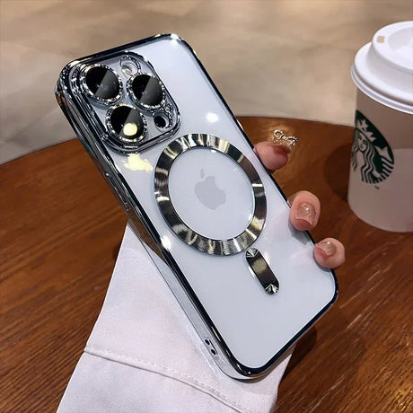Silver-trimmed iPhone case with magnetic ring.