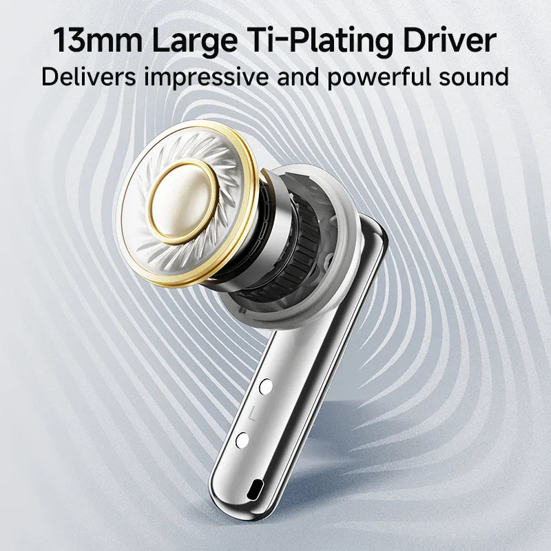 Silver and white wireless earbud.