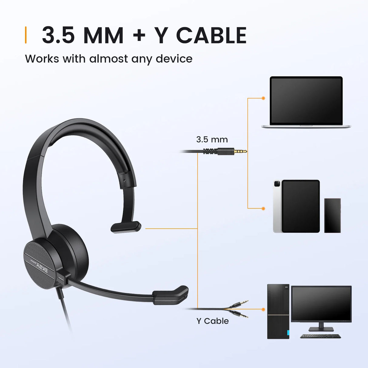 Single-ear headset with microphone and 3.5mm audio jack connector.