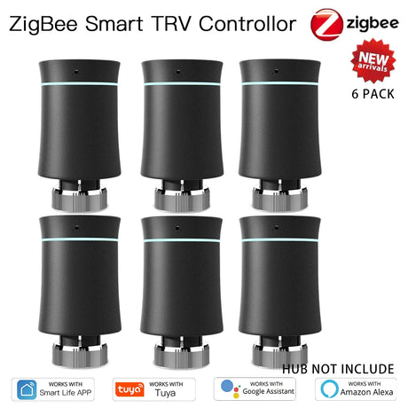 Six ZigBee smart TRV controllers.