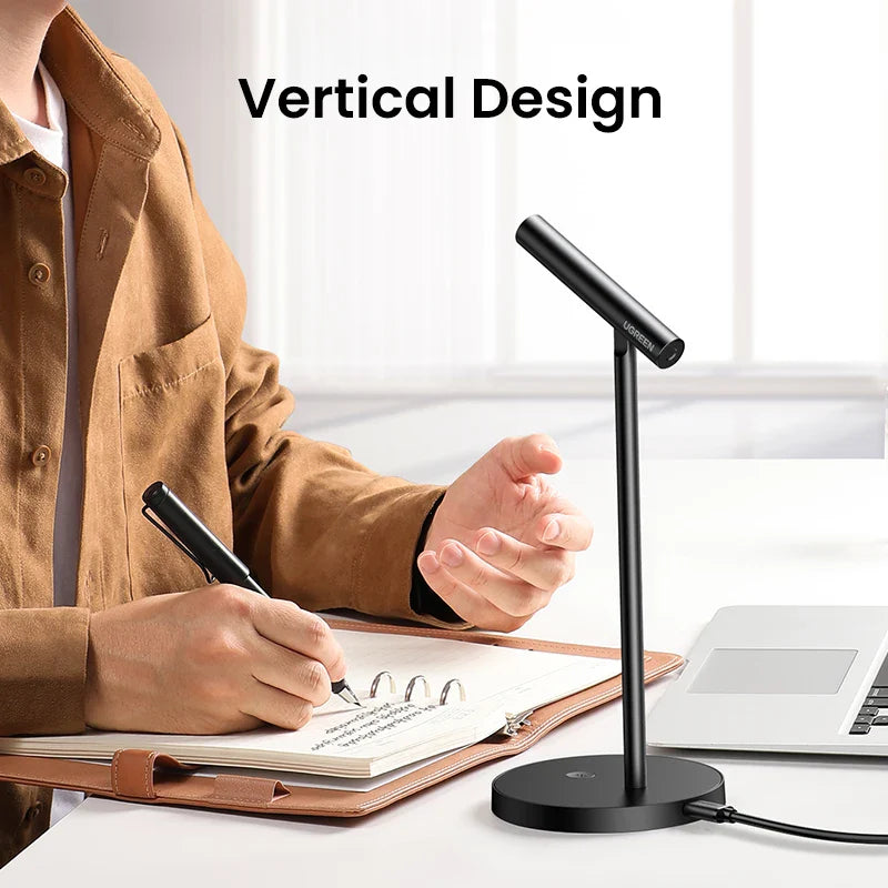 Sleek black desk lamp with a vertical design and adjustable head.