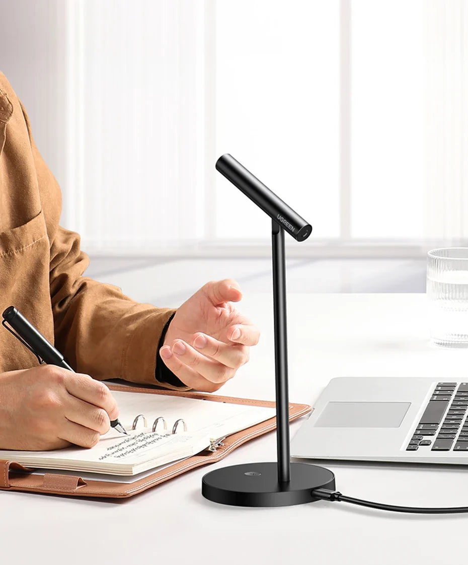 Sleek black desk lamp with a minimalist T-shaped design.